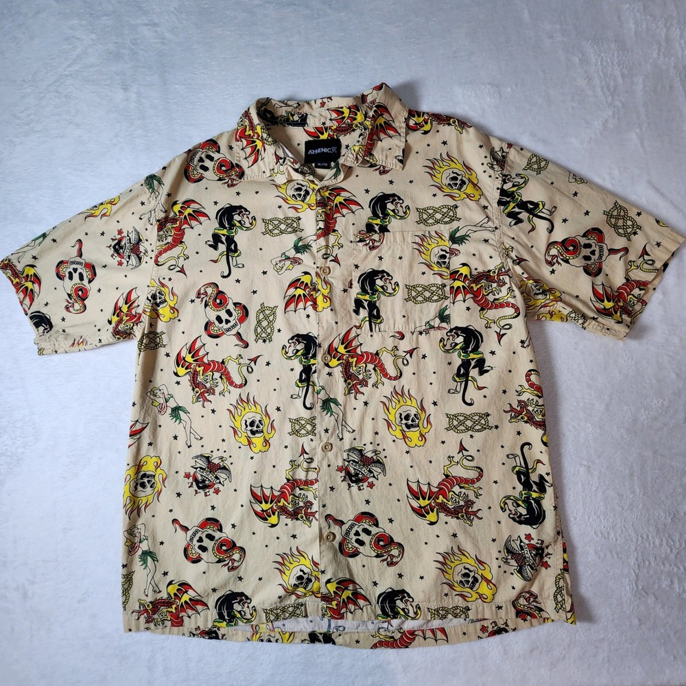 Arsenic Tattoo Print Shirt Mens XL Dragon Skull Panther Flames Cotton Punk Alt
